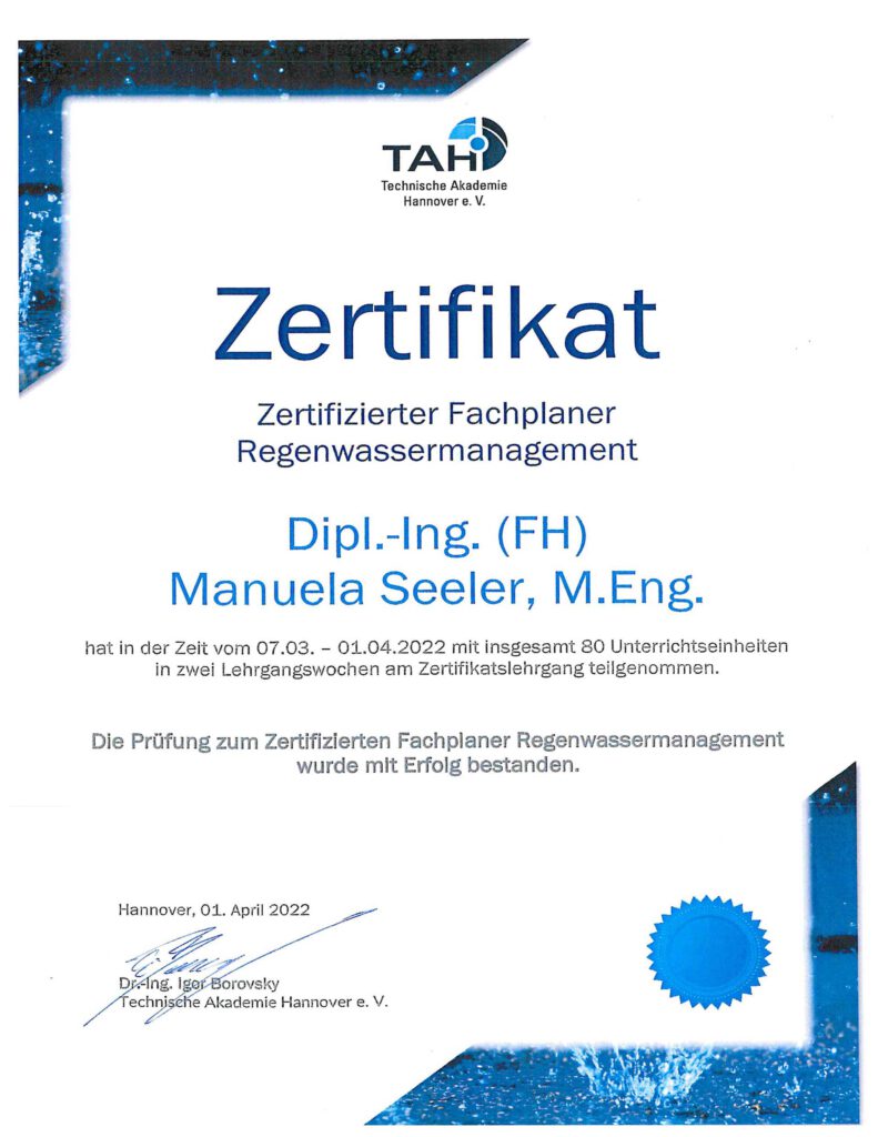 Zertifikat PBU BERATENDE INGENIEURE GMBH Zertifikat Fachplaner Regenwassermanagement
